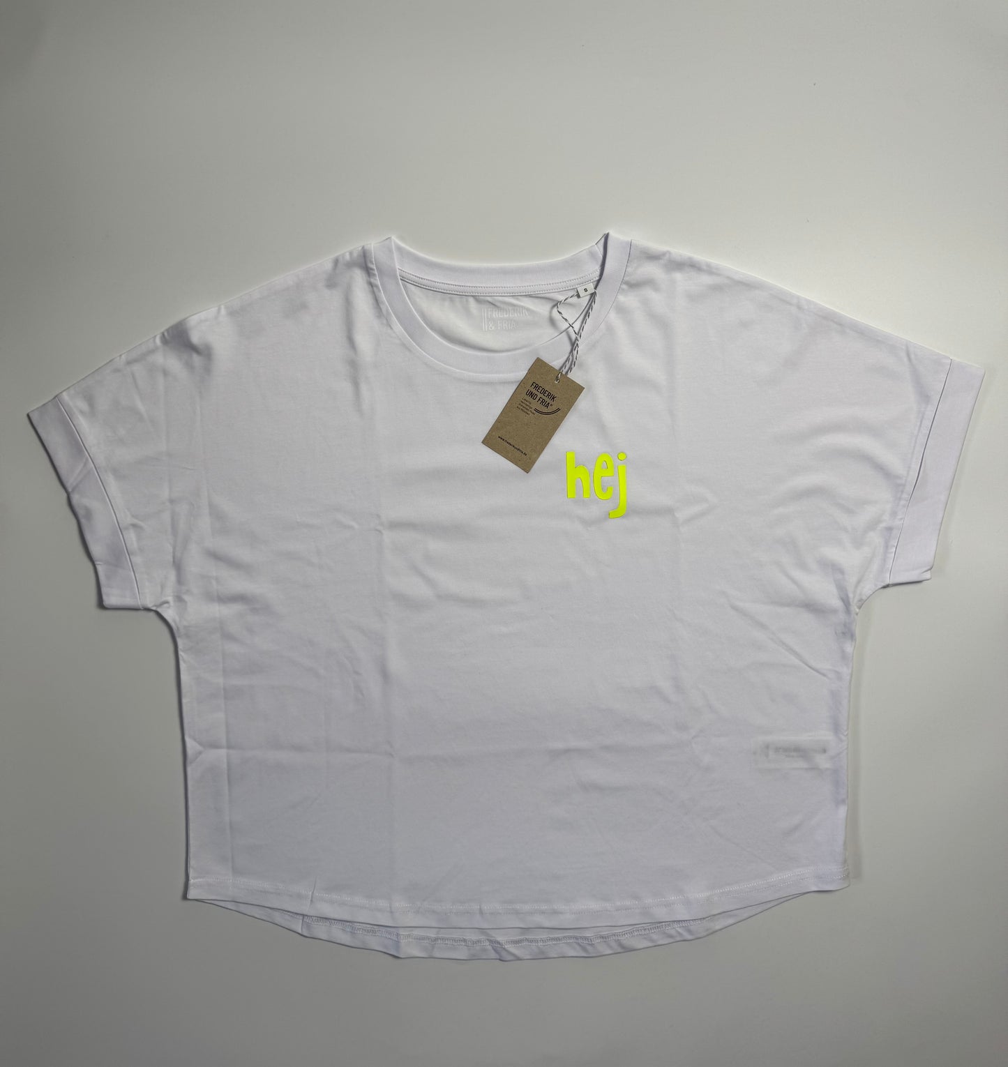 Frauen-Shirt, ‚hej‘: weiß / neon gelb