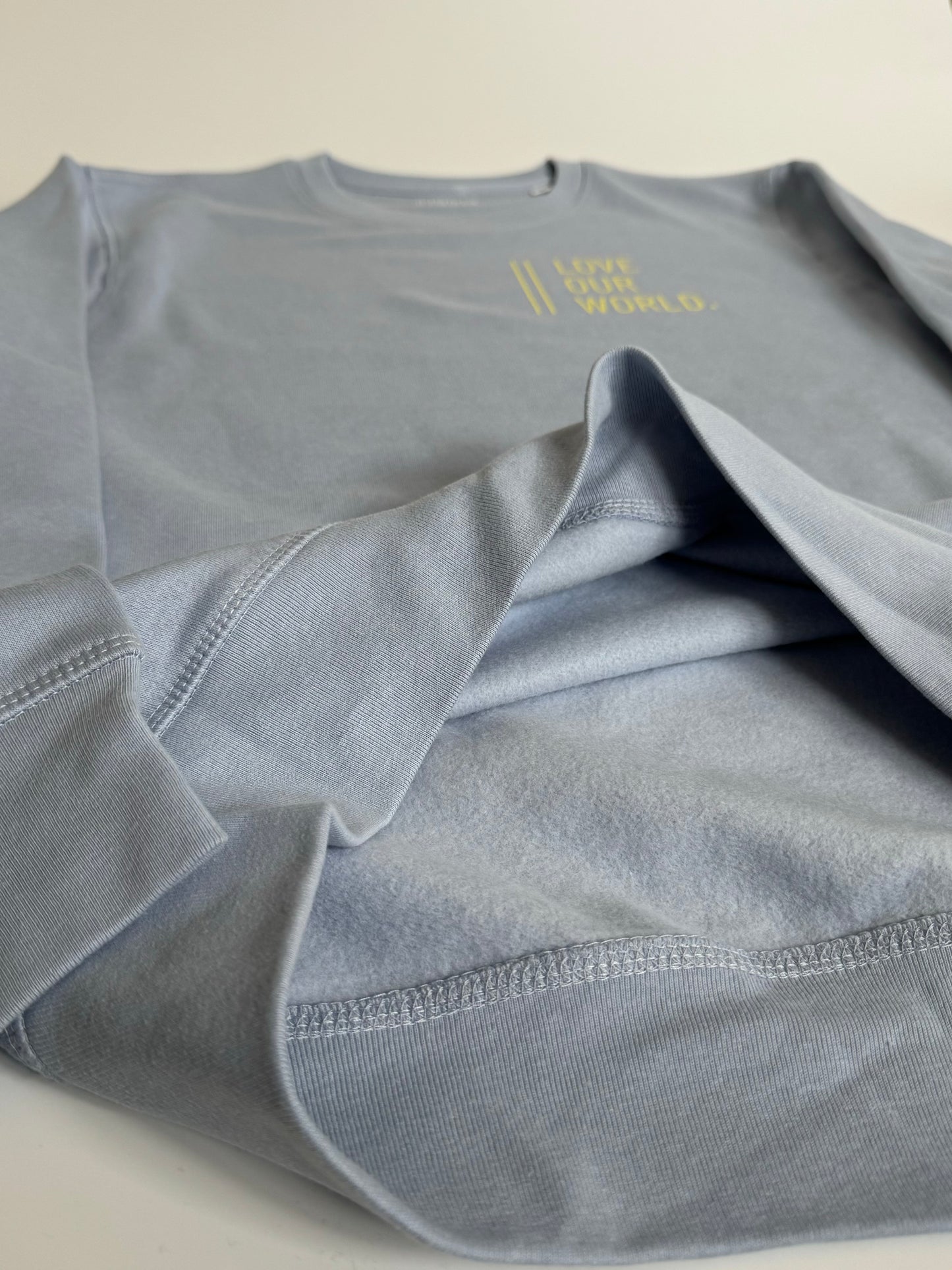 Sweatshirt Unisex 'Love our world.': Serene Blue / Hell Gelb