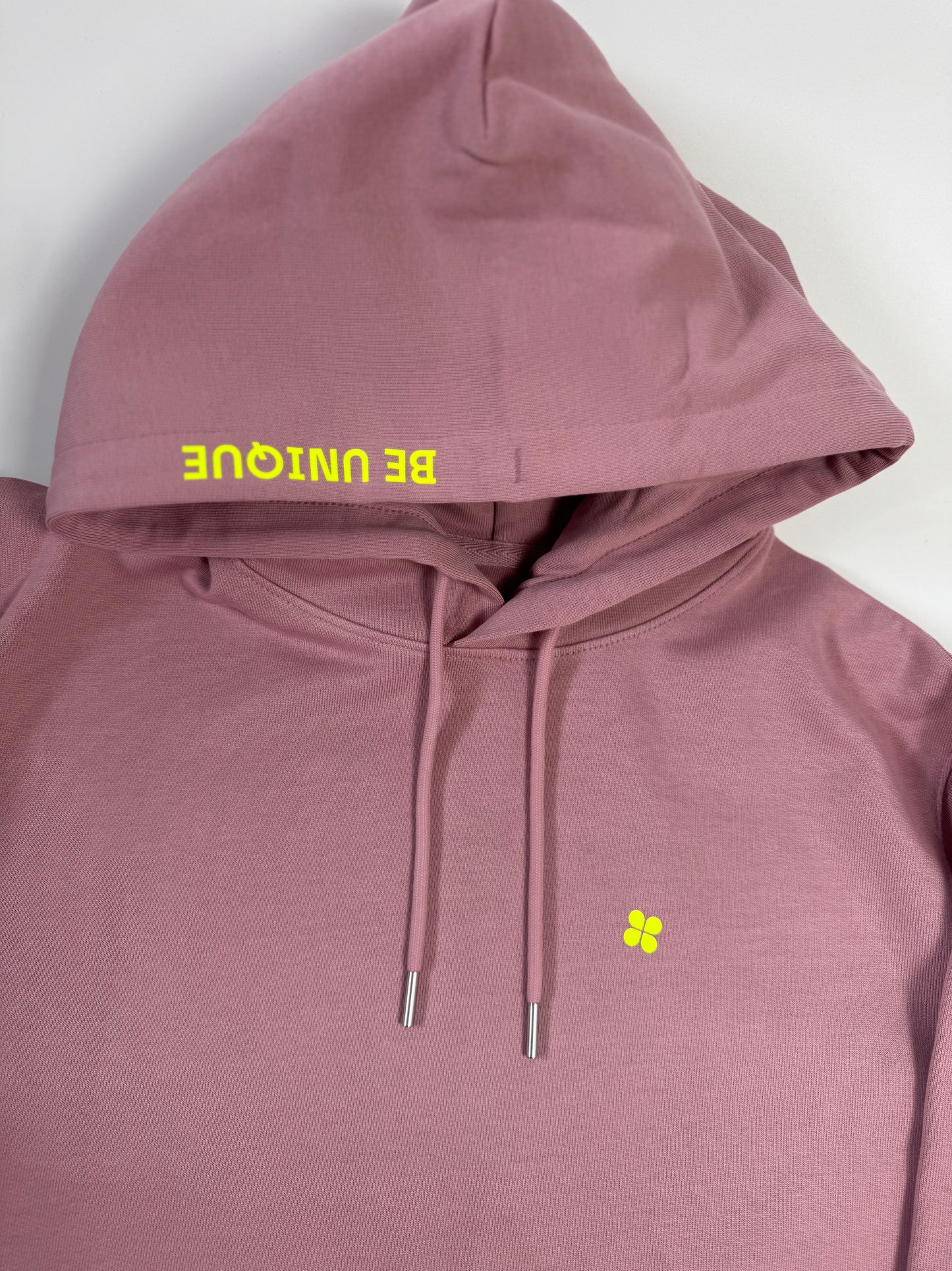 Hoodie Unisex 'Be unique.': Rosalila / Neon Gelb