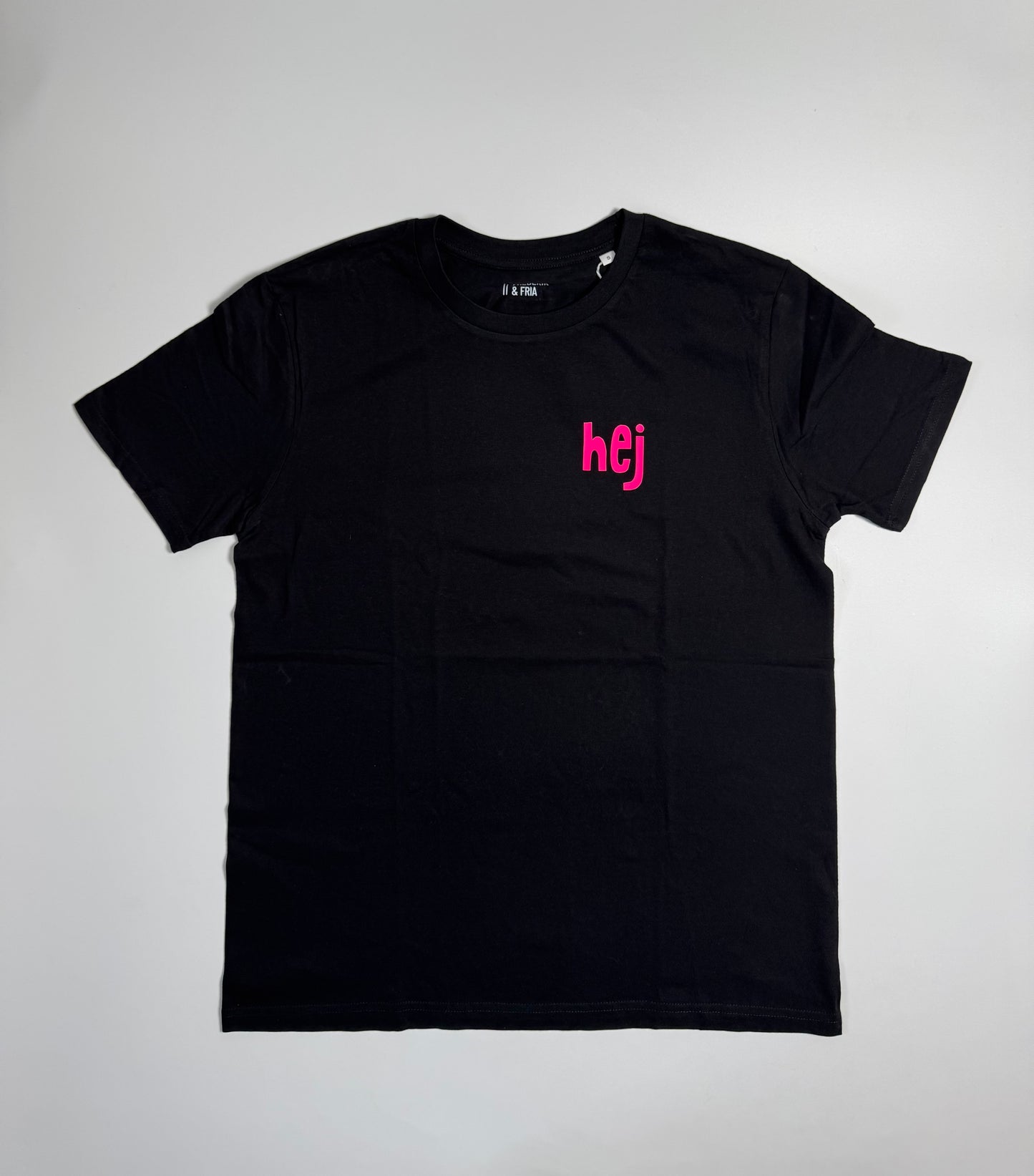 T-Shirt Unisex, ‚hej’, Schwarz / Neon Pink
