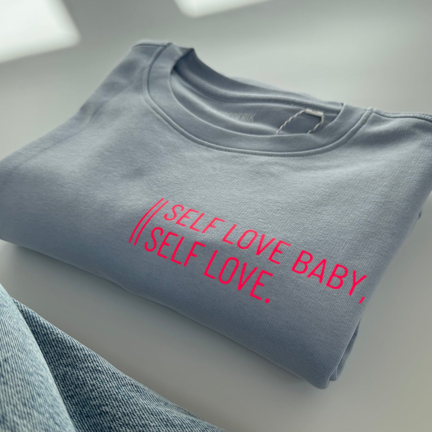 Sweatshirt Unisex 'Self love baby, self love.': Serene Blue / Neon Pink