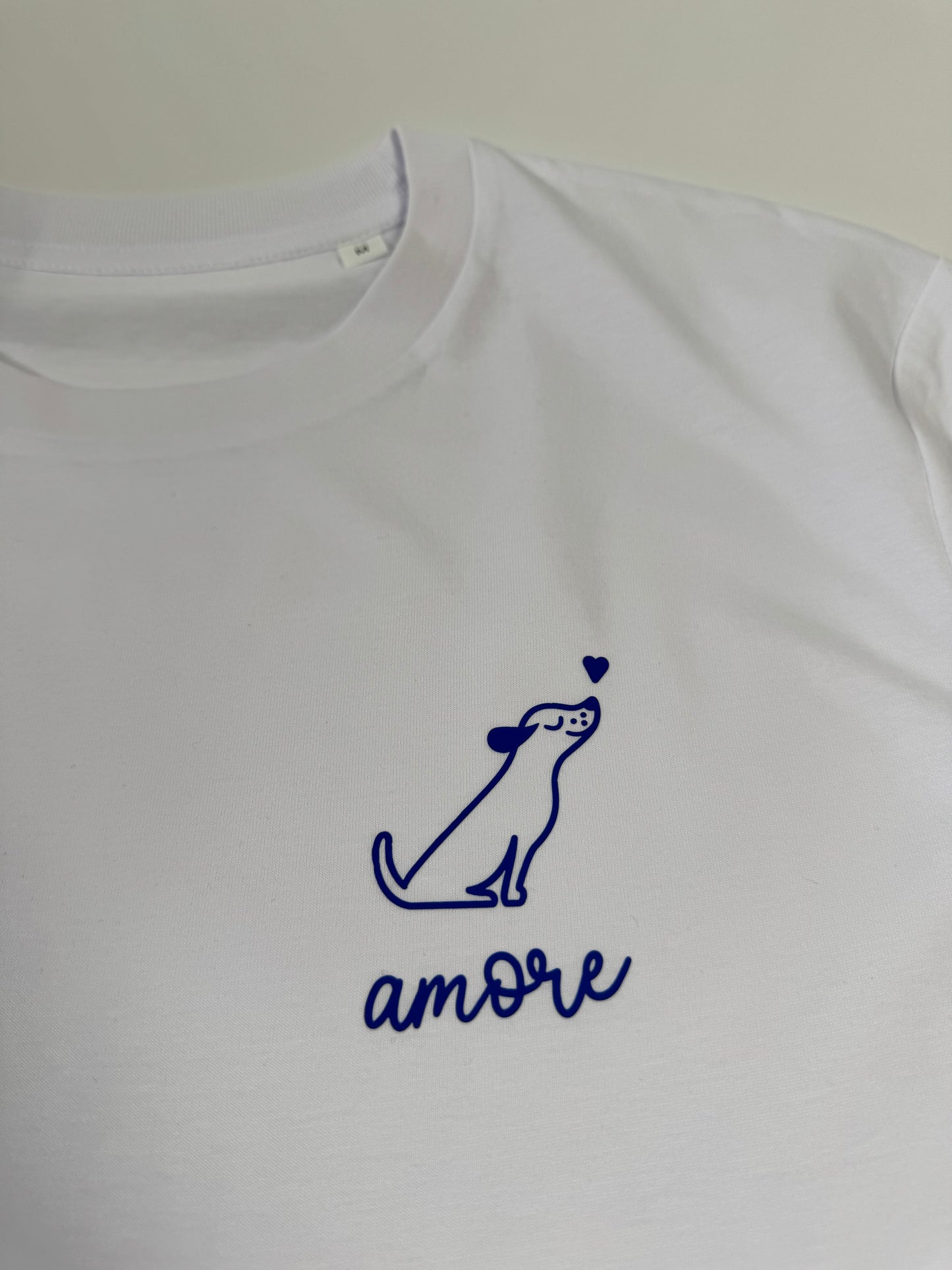 T-Shirt Unisex Hund Amore (B), Weiß / Blau