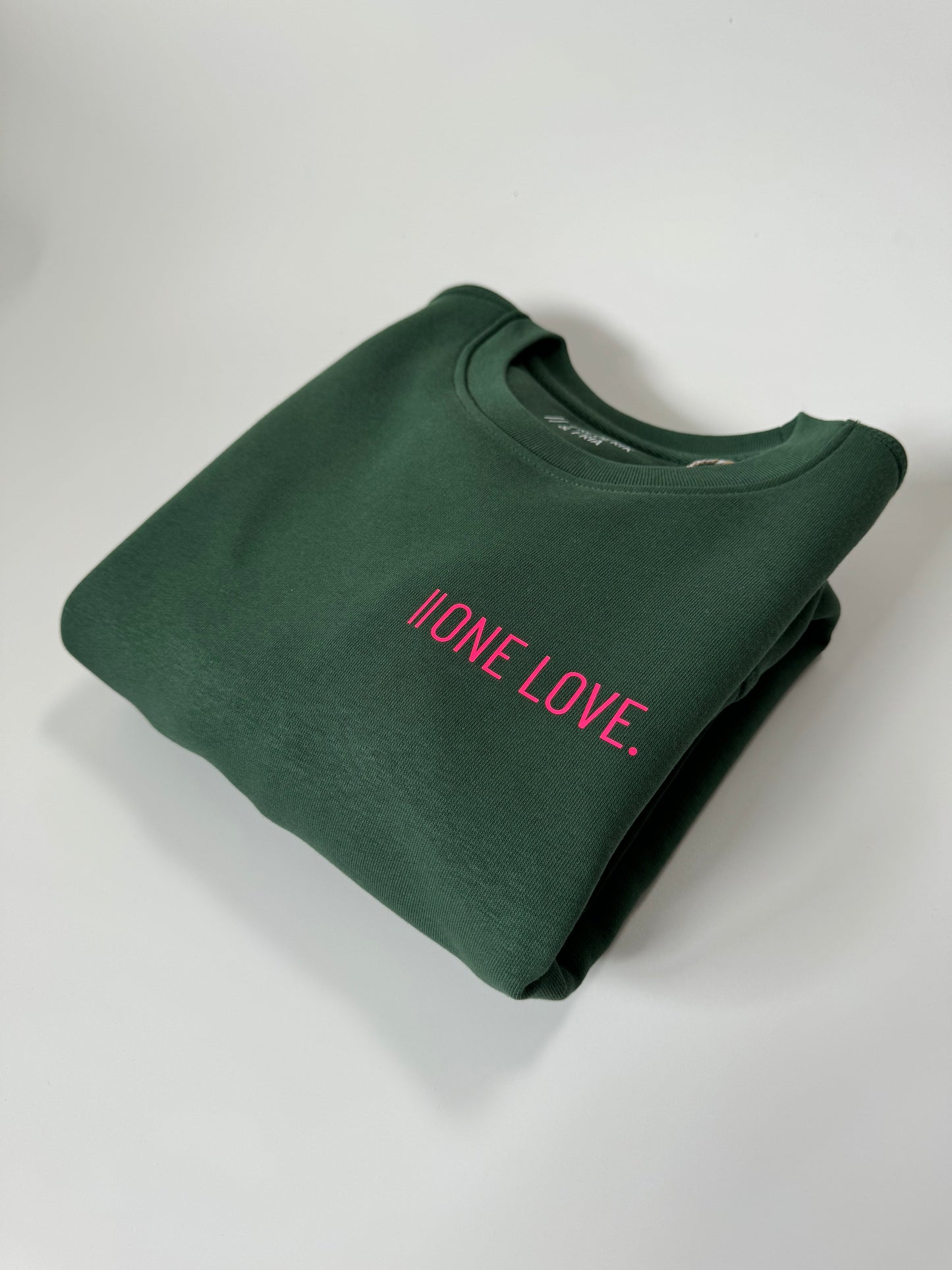 Sweatshirt Unisex 'One Love.': Bottle Green / Neon Pink