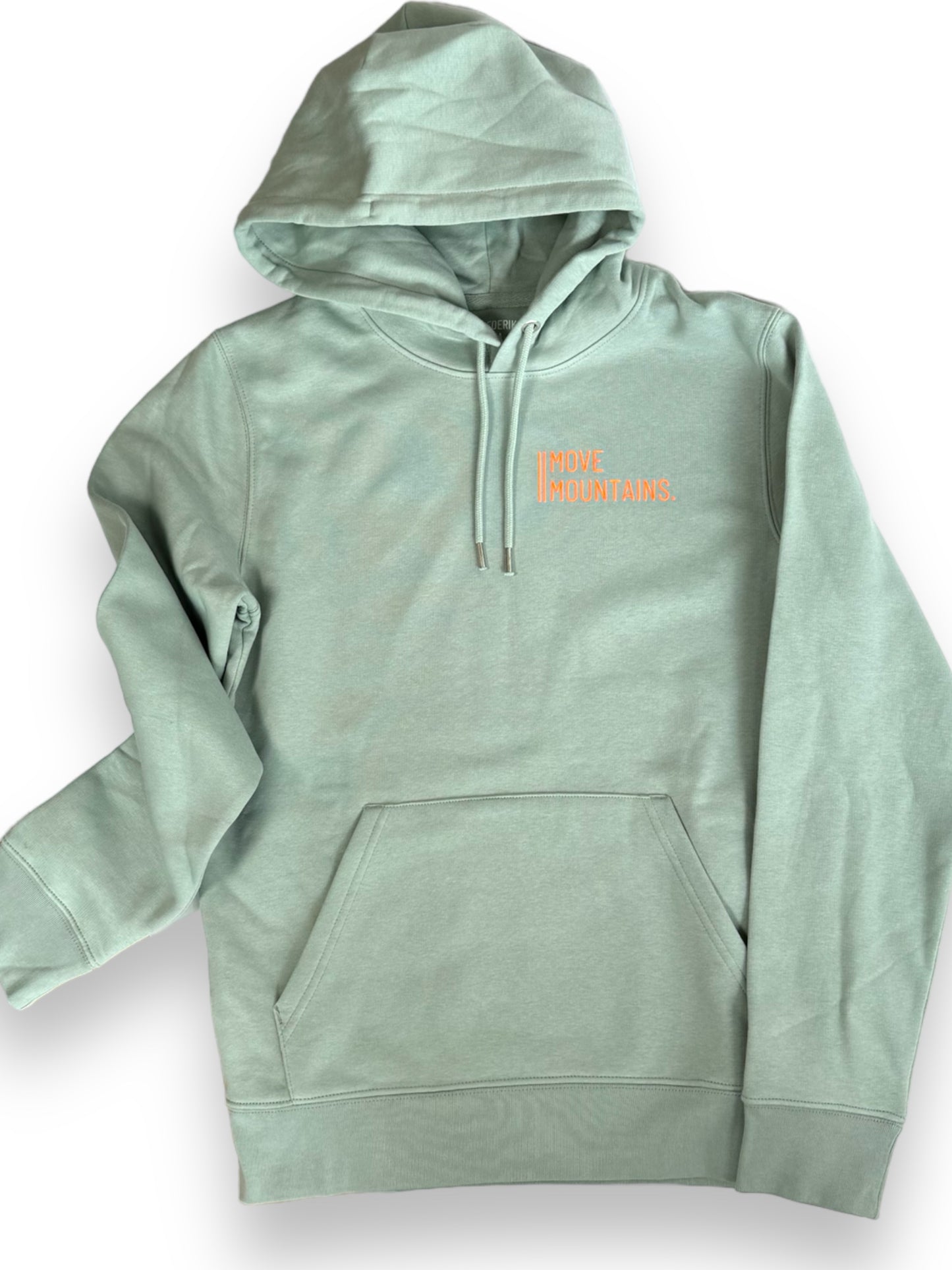 Hoodie Unisex 'Move Mountains.': Senf, Aloe / Neon Orange