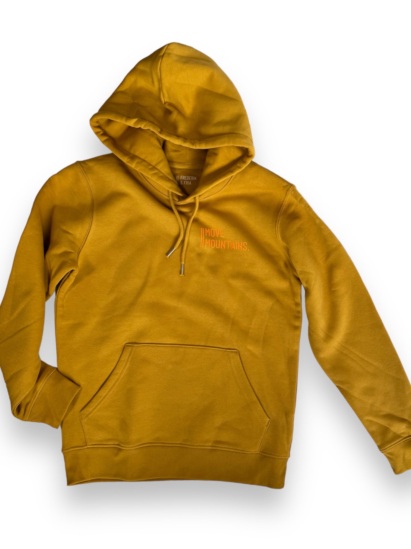 Hoodie Unisex 'Move Mountains.': Senf, Aloe / Neon Orange
