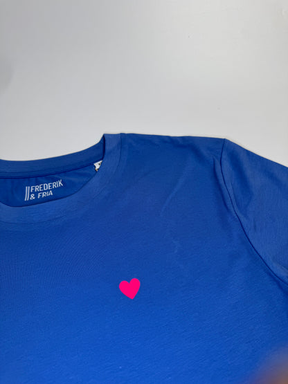 T-Shirt Unisex, Herzdruck, Blau / Neon Pink