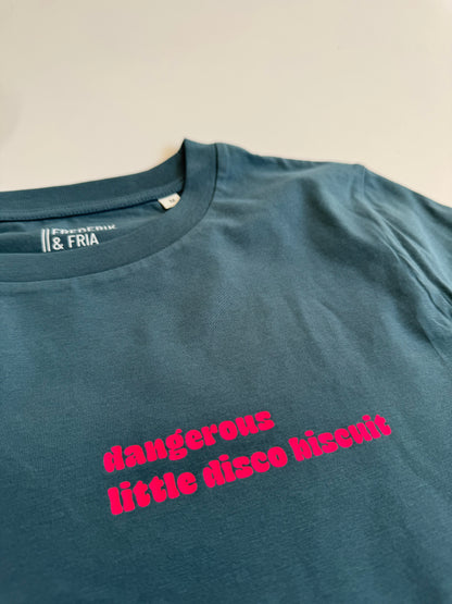 T-Shirt, Frauen, ‚Dangerous little disco biscuit‘, Petrol, Lila / Neon Pink, Neon Orange