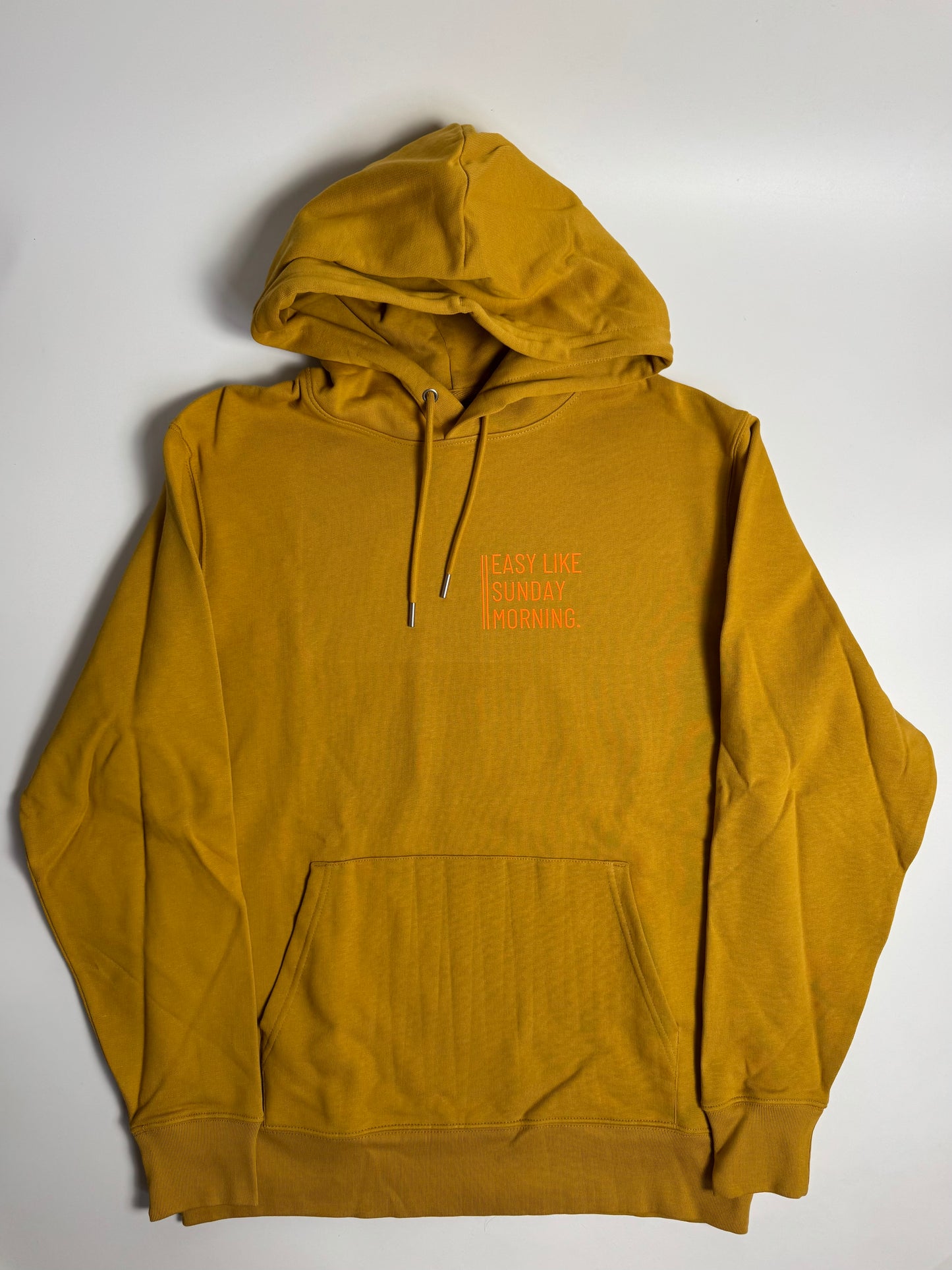 Hoodie Unisex, ‚Easy like Sunday morning.‘, Senf / Neon Orange