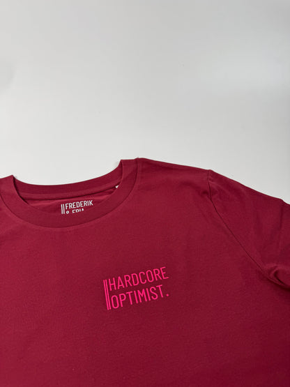 T-Shirt, Frauen, ‚Hardcore Optimist.‘, Burgundy / Neon Pink