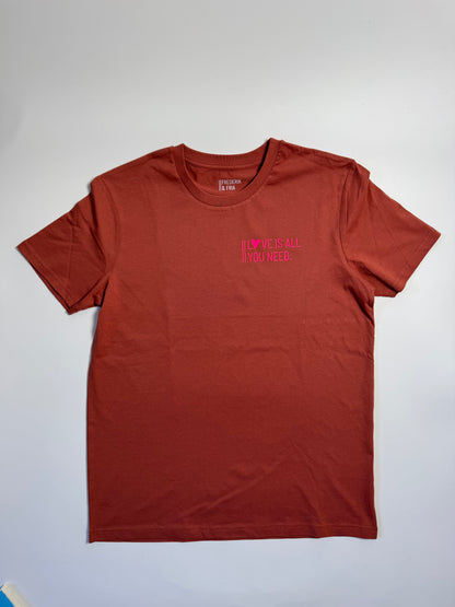 T-Shirt Unisex ‚Love is all you need.‘ Hibiscus / Neon Pink