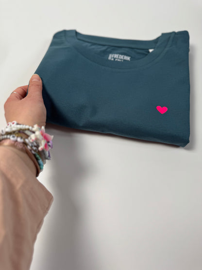 T-Shirt, Frauen, Herzdruck, Petrol / Neon Pink