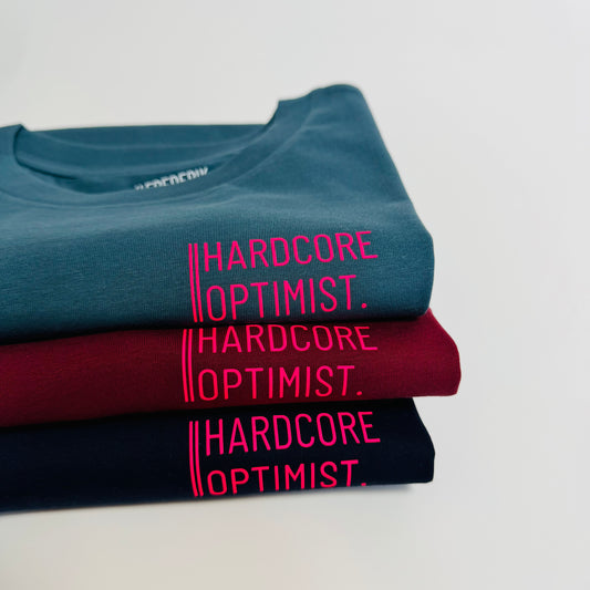 T-Shirt, Frauen, ‚Hardcore Optimist.‘, Burgundy, Navy, Petrol / Neon Pink