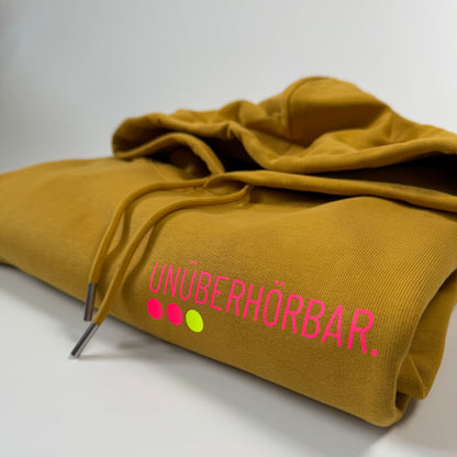 Hoodie Unisex 'Unshushable / Unüberhörbar.': Senf, Aloe / Neon Pink