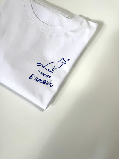 T-Shirt Unisex Katze Schnurr l‘amour (B), Weiß / Blau