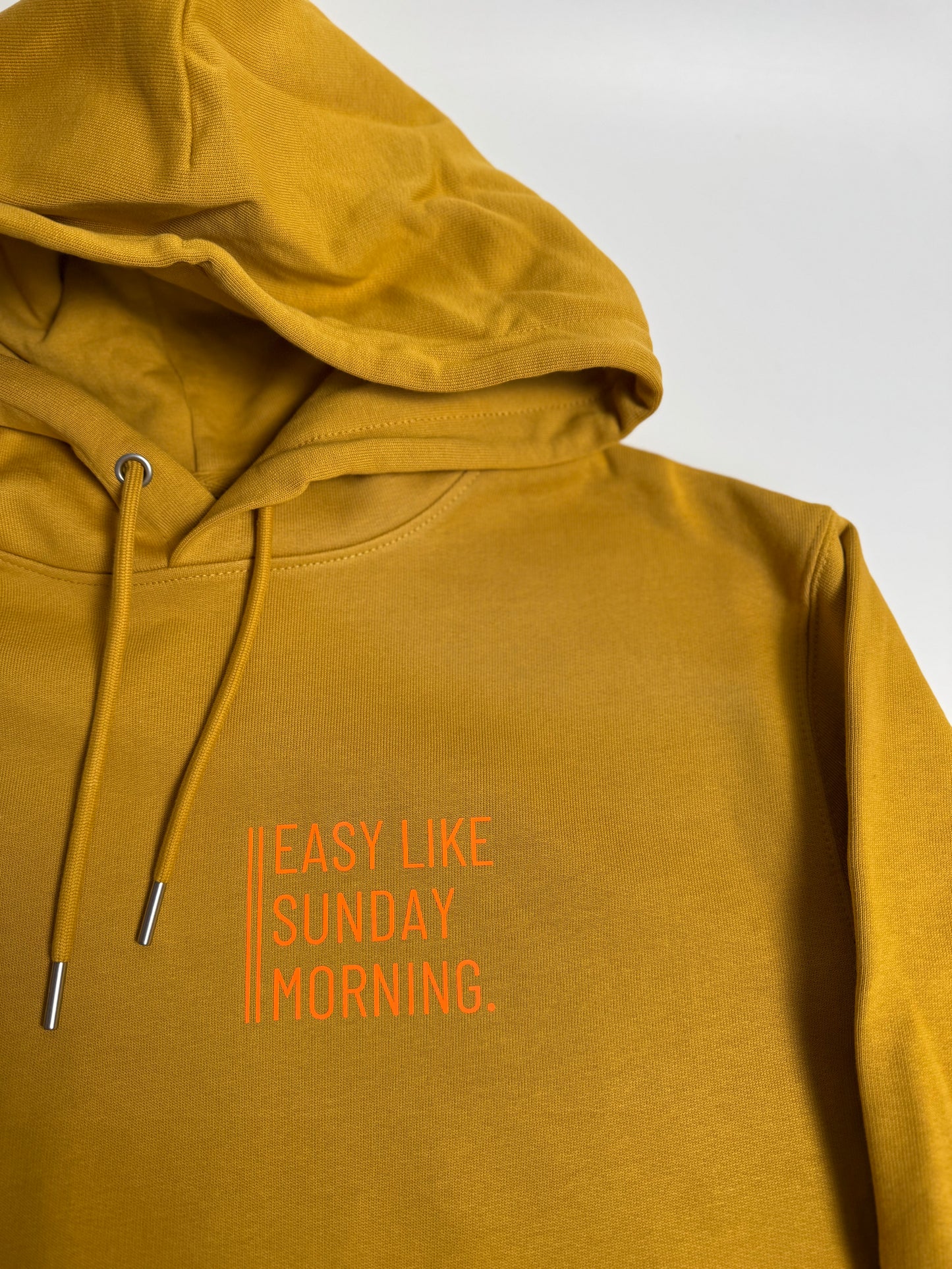 Hoodie Unisex, ‚Easy like Sunday morning.‘, Senf / Neon Orange