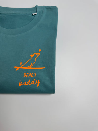 T-Shirt Unisex ‚Beach Buddy‘, Ocean Blue / Neon Orange