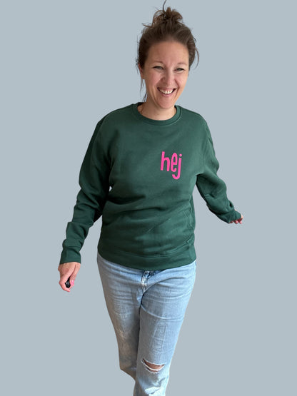 Sweatshirt Unisex 'hej': Bottle Green / Neon Pink