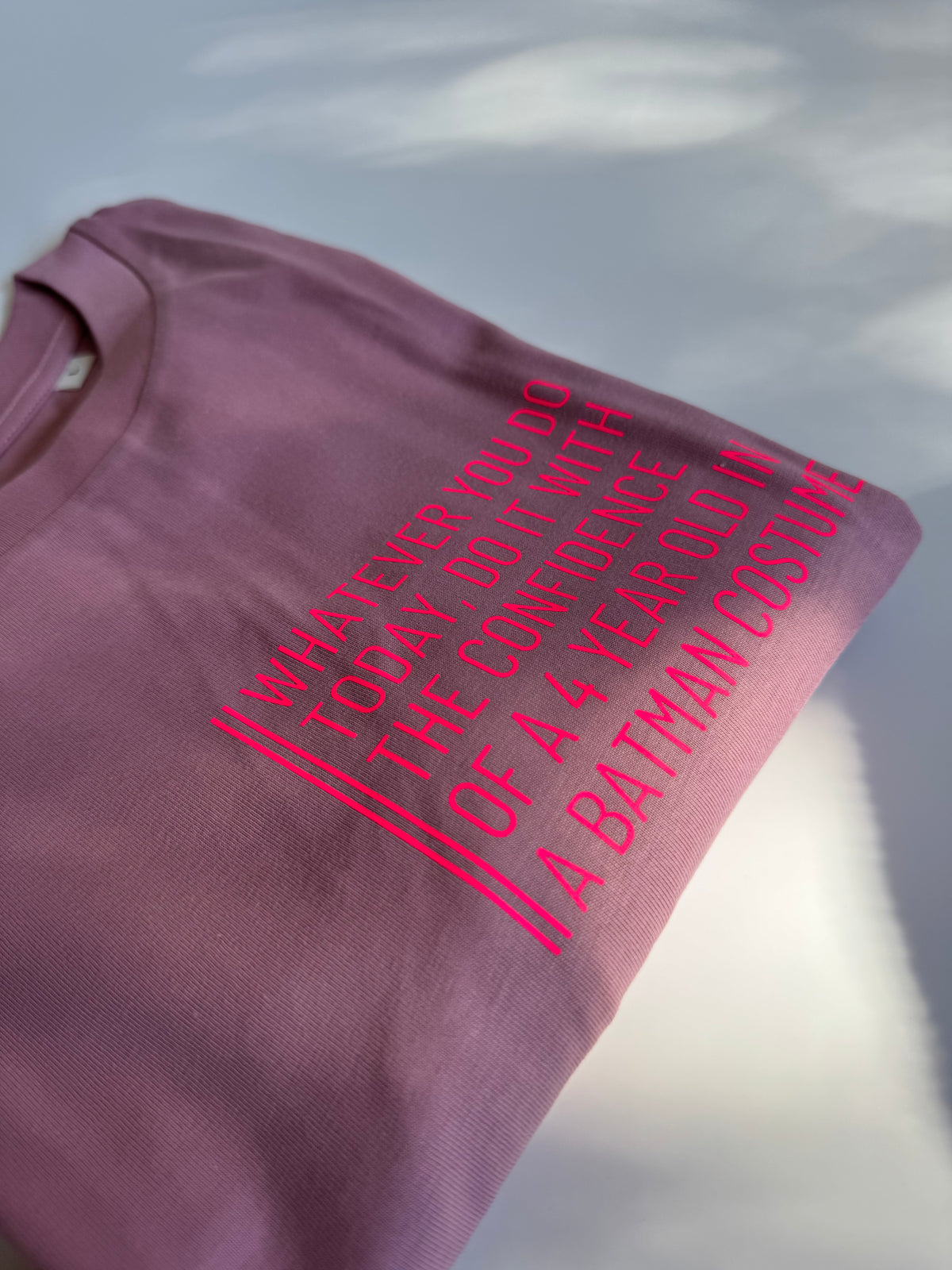 T-shirt, women's, 'Whatever you do today....', burgundy / neon pink