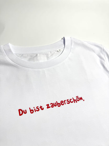 T-Shirt Frauen, Rundhals, Frau Zauberschön, Weiß / Rot