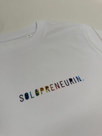 T-Shirt Frauen ‚Solopreneurin’, Weiß / Regenbogen