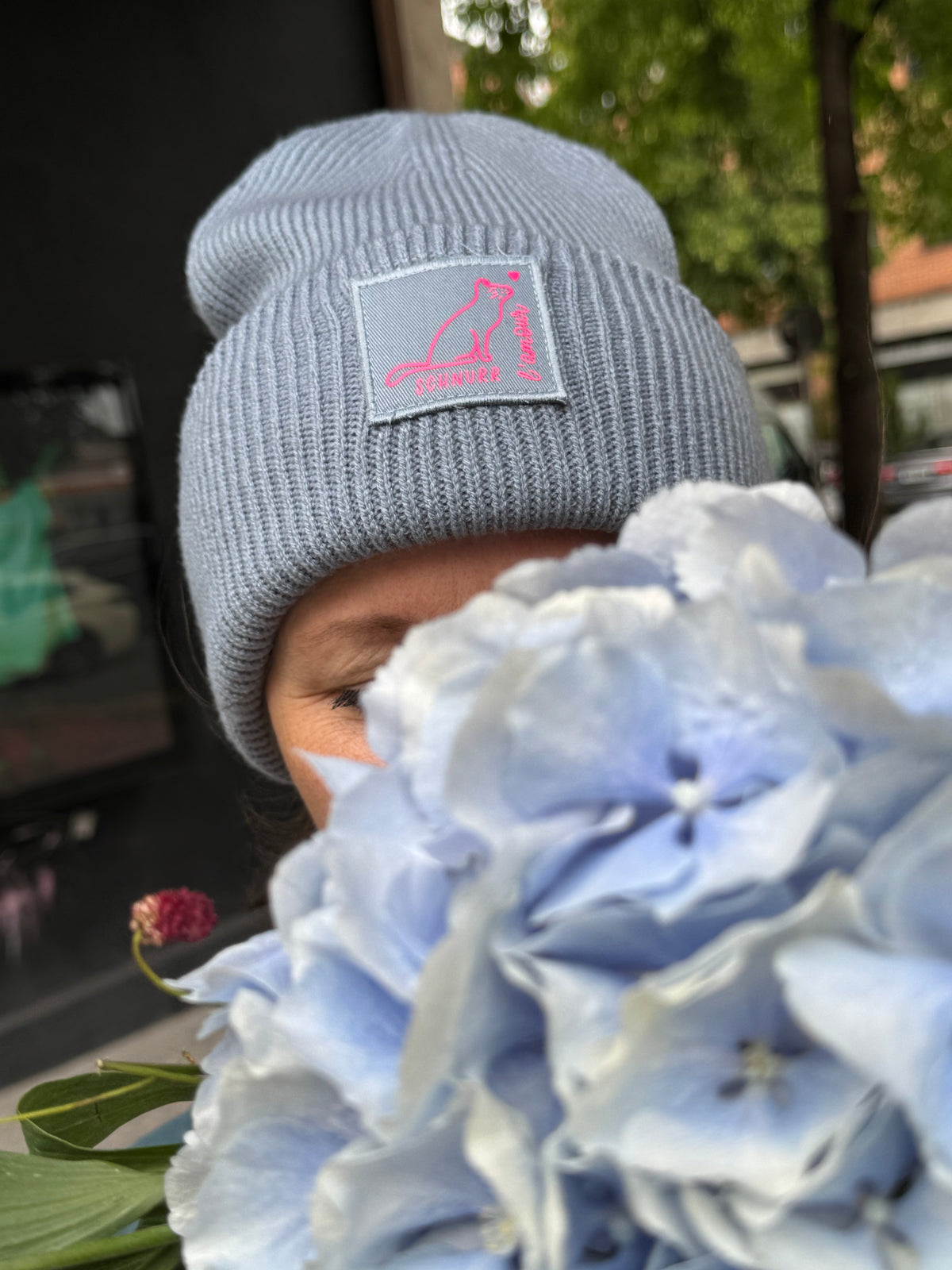Mütze, Katze Schnurr l‘amour, blau / neon pink