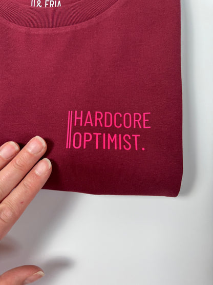 T-Shirt, Frauen, ‚Hardcore Optimist.‘, Burgundy / Neon Pink