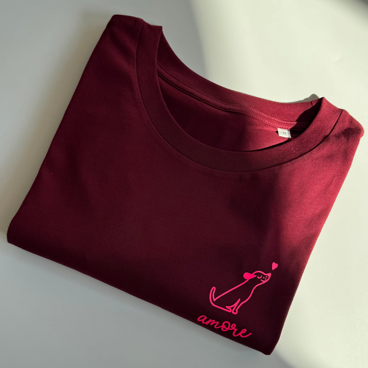 T-Shirt, Frauen, Hund Amore, Burgundy / Neon Pink