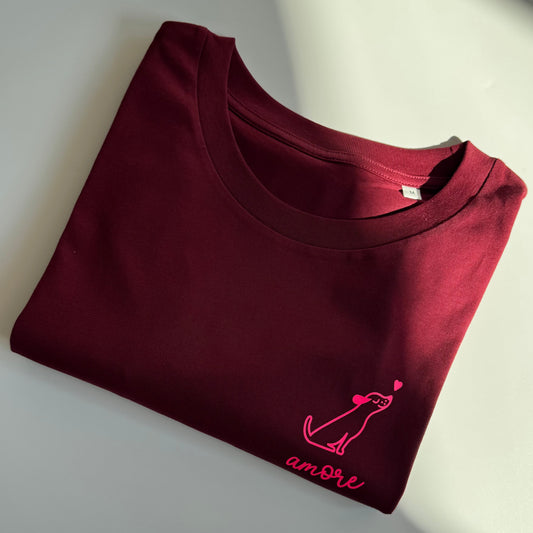 T-Shirt, Frauen, Hund Amore, Burgundy / Neon Pink