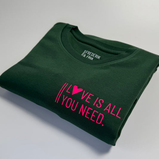 Sweatshirt Unisex 'love is all you need': Bottle Green / Neon Pink