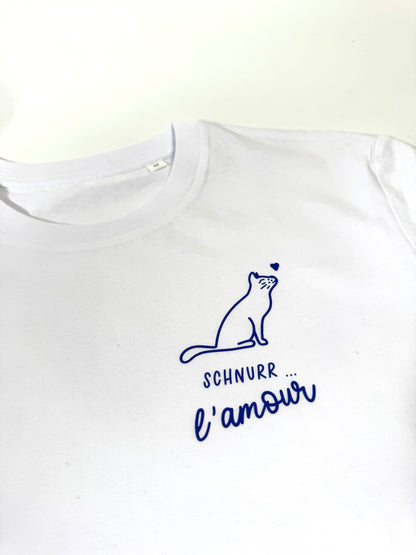T-Shirt Unisex Katze Schnurr l‘amour (B), Weiß / Blau