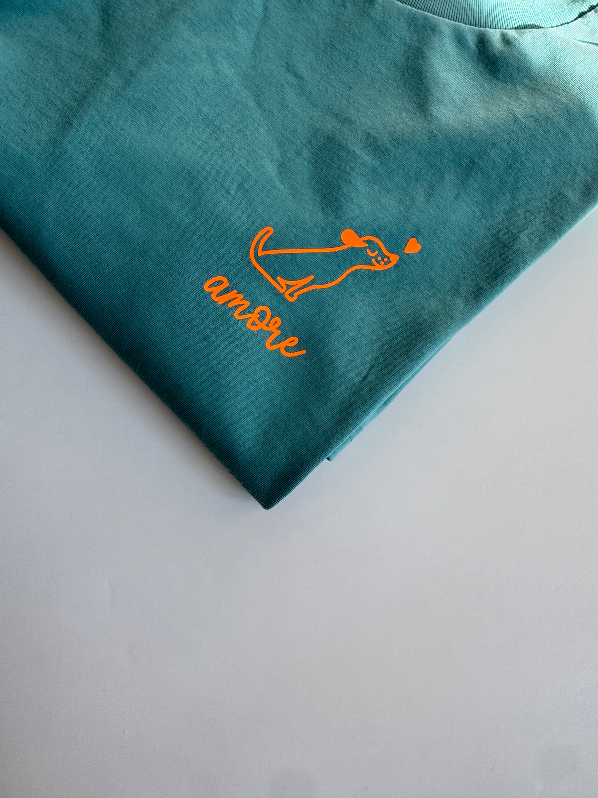 T-Shirt Unisex, Hund Amore, Ocean Blue / Neon Orange