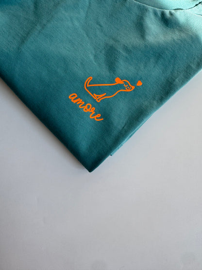 T-Shirt Unisex, Hund Amore, Ocean Blue / Neon Orange