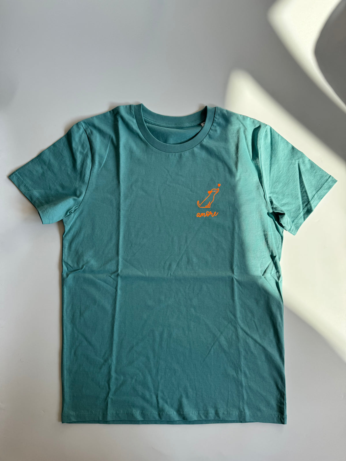 T-Shirt Unisex, Hund Amore, Ocean Blue / Neon Orange