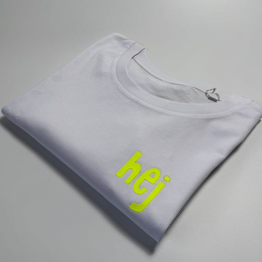 Frauen-Shirt, ‚hej‘: weiß / neon gelb
