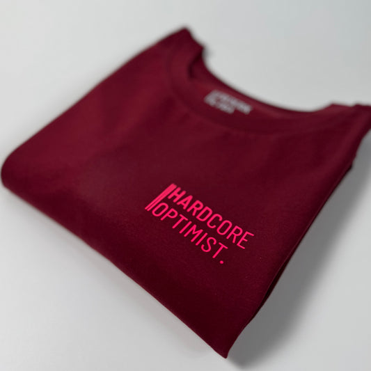 Reduzierte B-Ware: T-Shirt, Frauen, ‚Hardcore Optimist.‘, Burgundy/ Neon Pink, Größe S