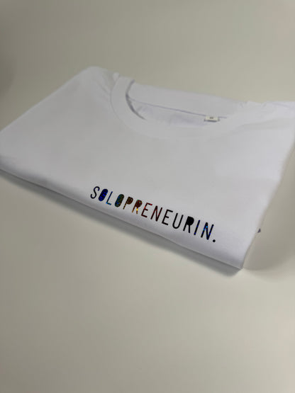 T-Shirt Frauen ‚Solopreneurin’, Weiß / Regenbogen