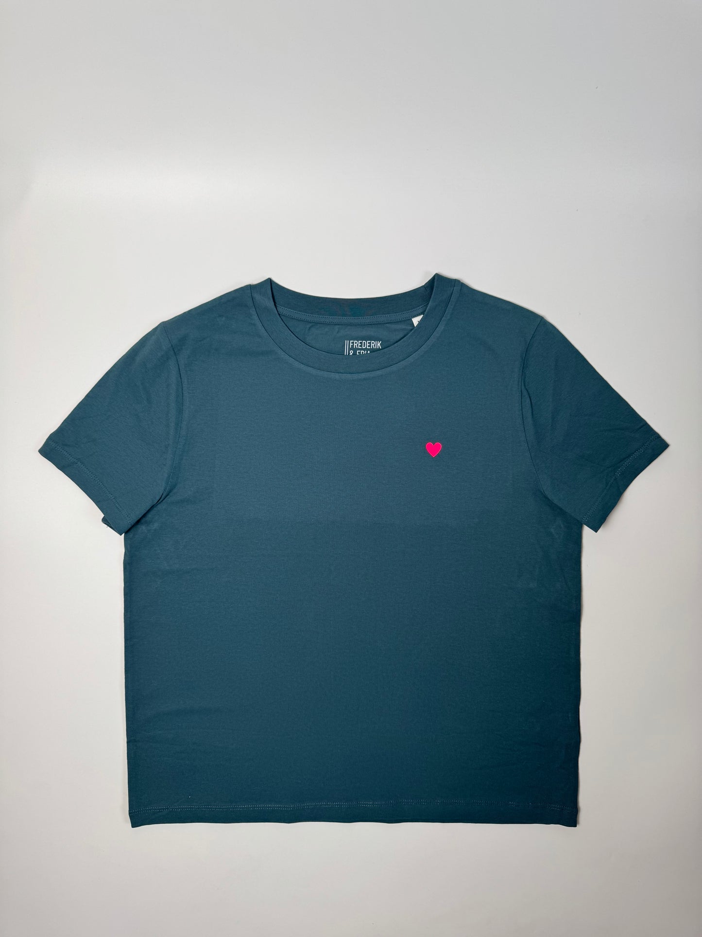 T-Shirt, Frauen, Herzdruck, Petrol / Neon Pink