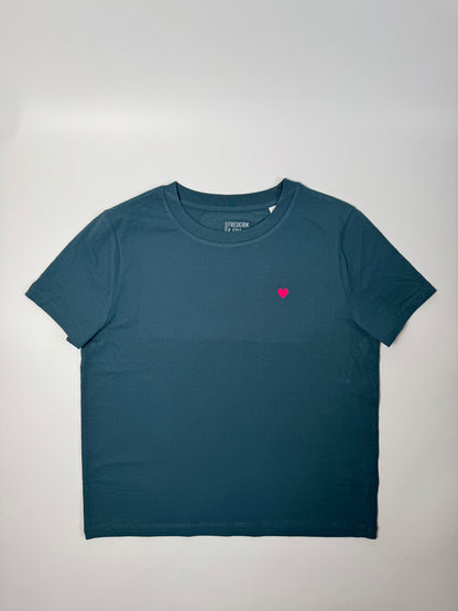 T-Shirt, Frauen, Herzdruck, Petrol / Neon Pink