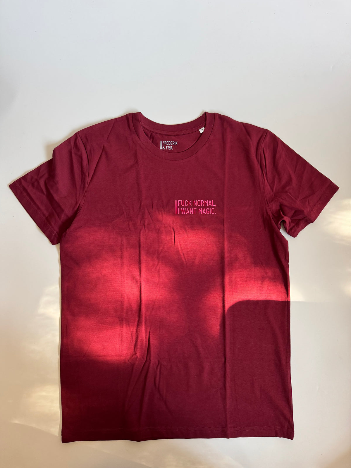 T-shirt, women's, 'Whatever you do today....', burgundy / neon pink