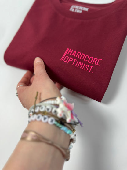 T-Shirt, Frauen, ‚Hardcore Optimist.‘, Burgundy / Neon Pink