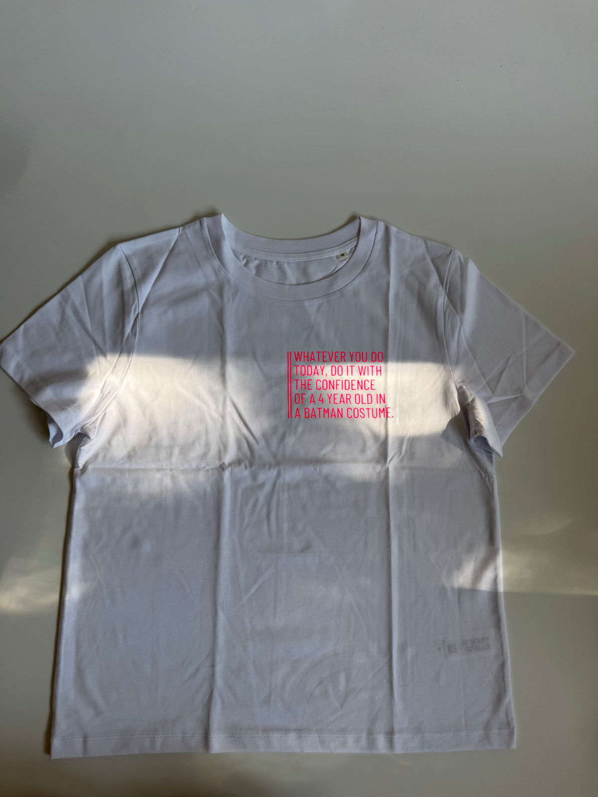 T-shirt, women's, 'Whatever you do today....', burgundy / neon pink