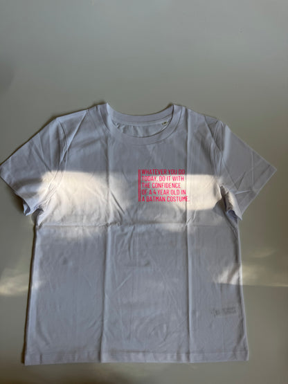 T-shirt, women's, 'Whatever you do today....', burgundy / neon pink