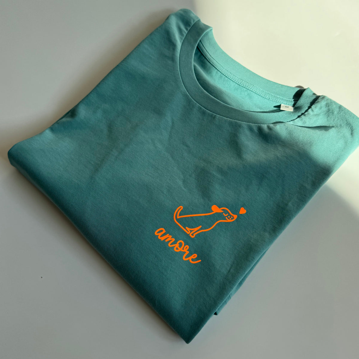 T-Shirt Unisex, Hund Amore, Ocean Blue / Neon Orange