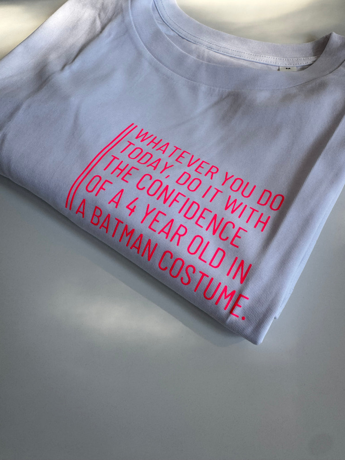 T-shirt, women's, 'Whatever you do today....', burgundy / neon pink