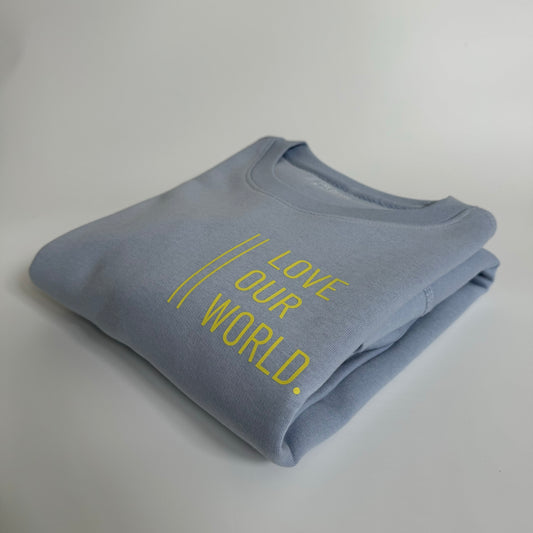 Sweatshirt Unisex 'Love our world.': Serene Blue / Hell Gelb