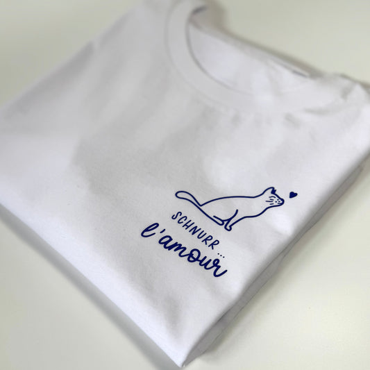 T-Shirt Unisex Katze Schnurr l‘amour (B), Weiß / Blau