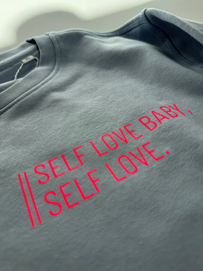 Sweatshirt ‚Self love baby, self love.‘ (B), Serene Blue / Neon Pink