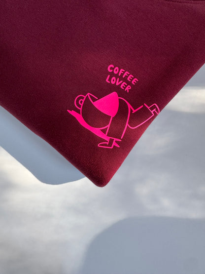 Sweatshirt Unisex, Coffee Lover, Burgundy / Neon Pink