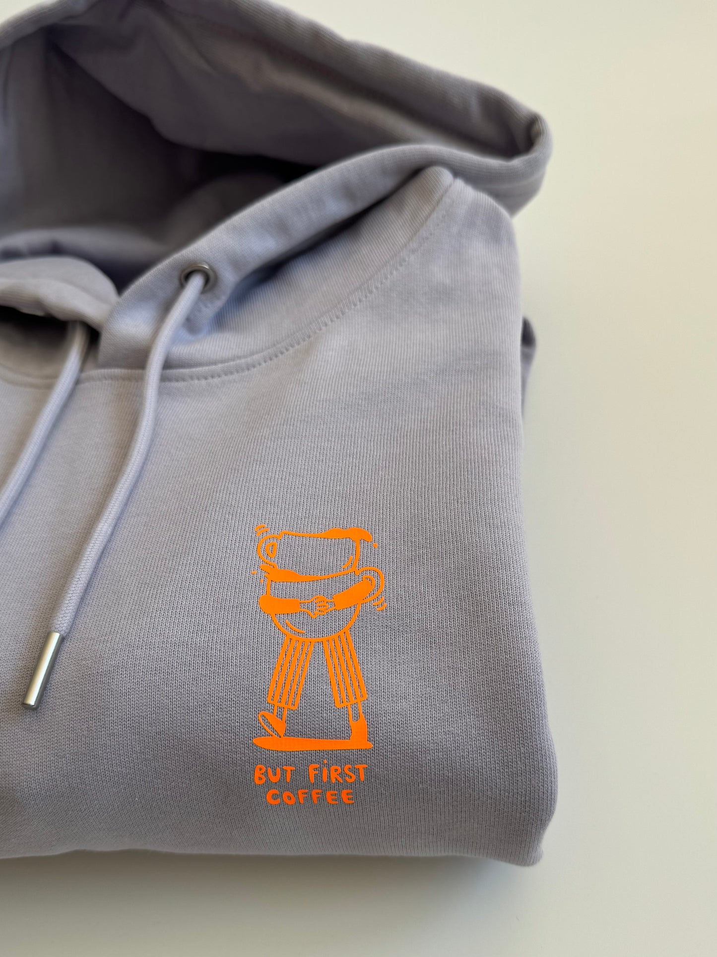 Hoodie Unisex 'But first coffee': Lila / Neon Orange