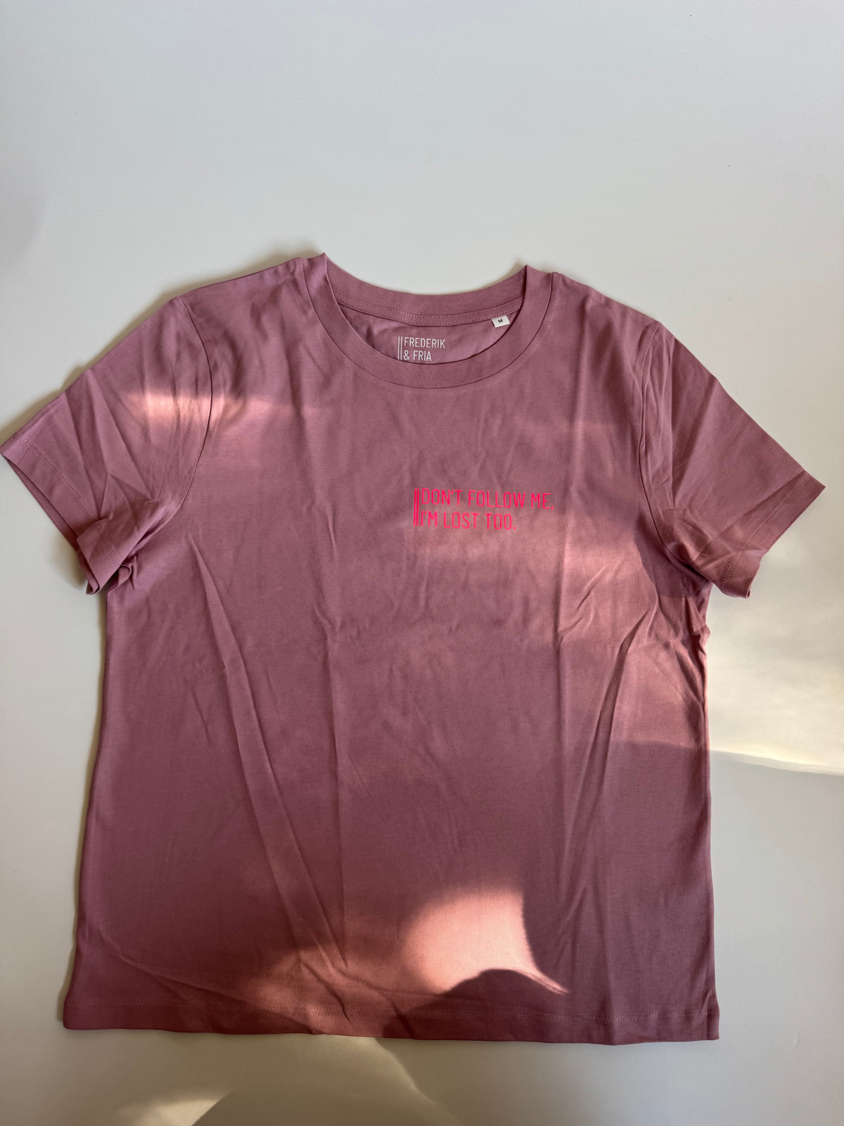 T-shirt, women's, 'Whatever you do today....', burgundy / neon pink